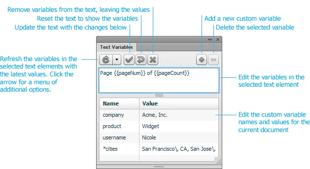 Text Variables panel