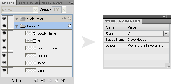 Text elements appear in Symbol Properties panel
